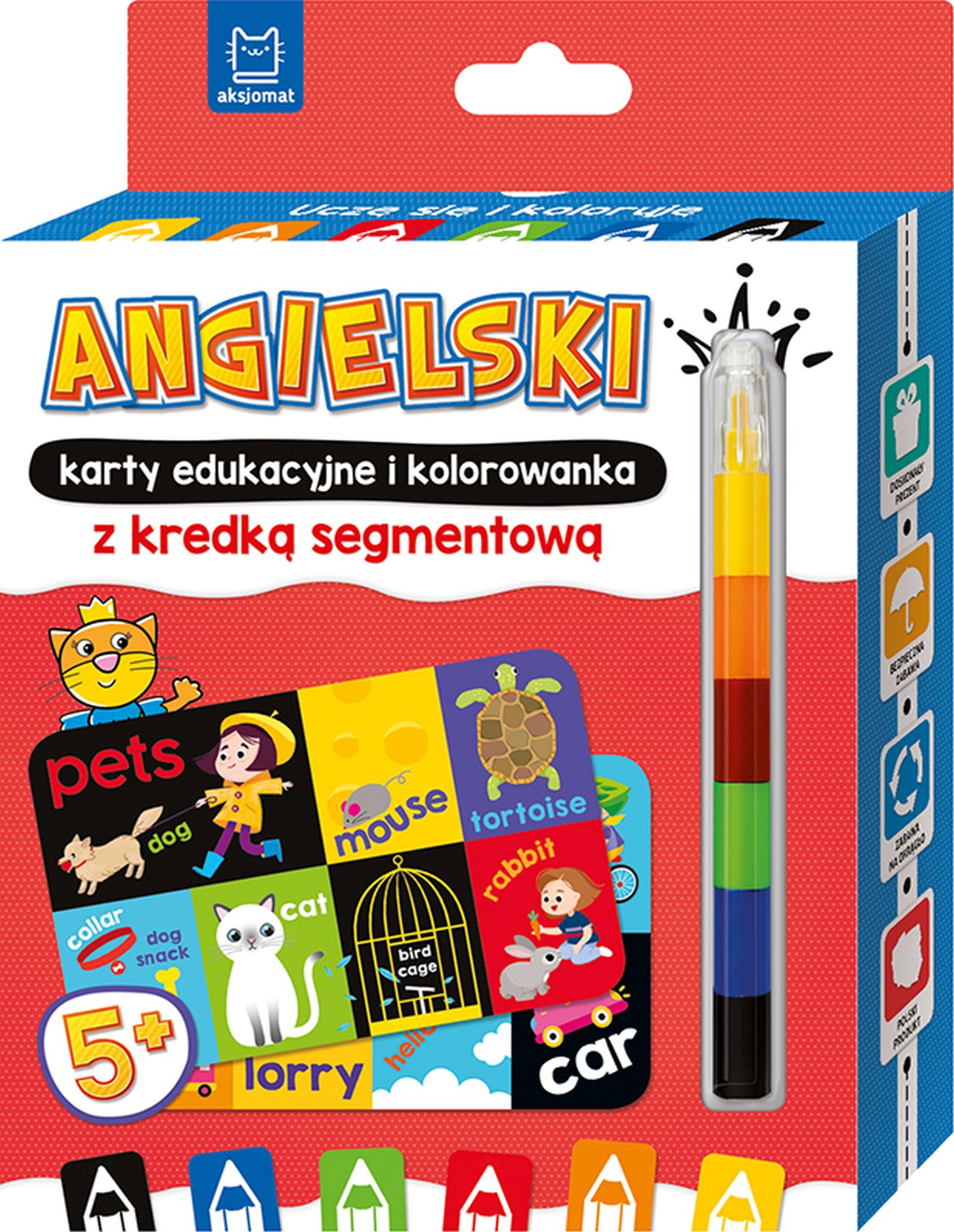 Image of Angielski. Karty edukacyjne i kolorowanka z kredką segmentową. Uczę się i koloruję 5+