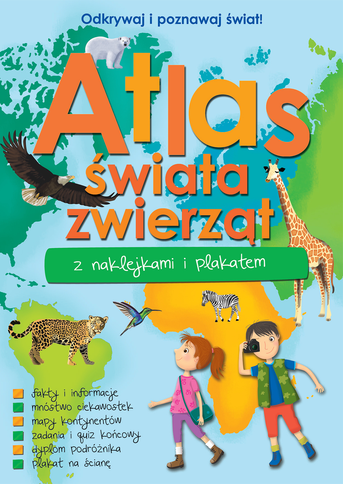 Image of Atlas zwierząt świata z naklejkami i plakatem